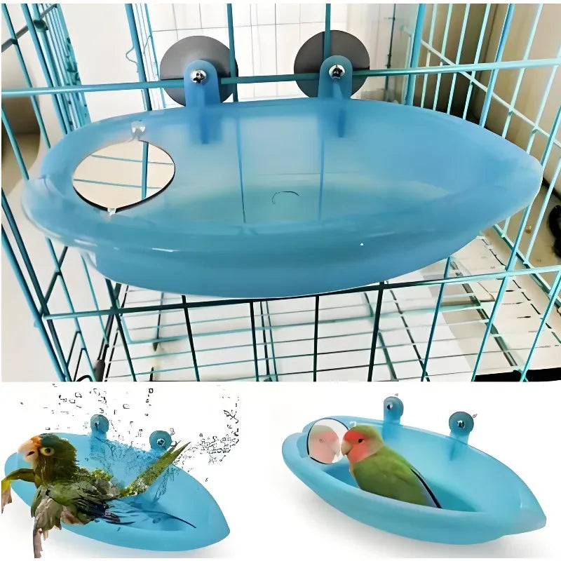 Bird Water Bath Tub for Pet Cage Hanging Bowl Parrot Parakeet Bird Bath with Mirror Birdbath