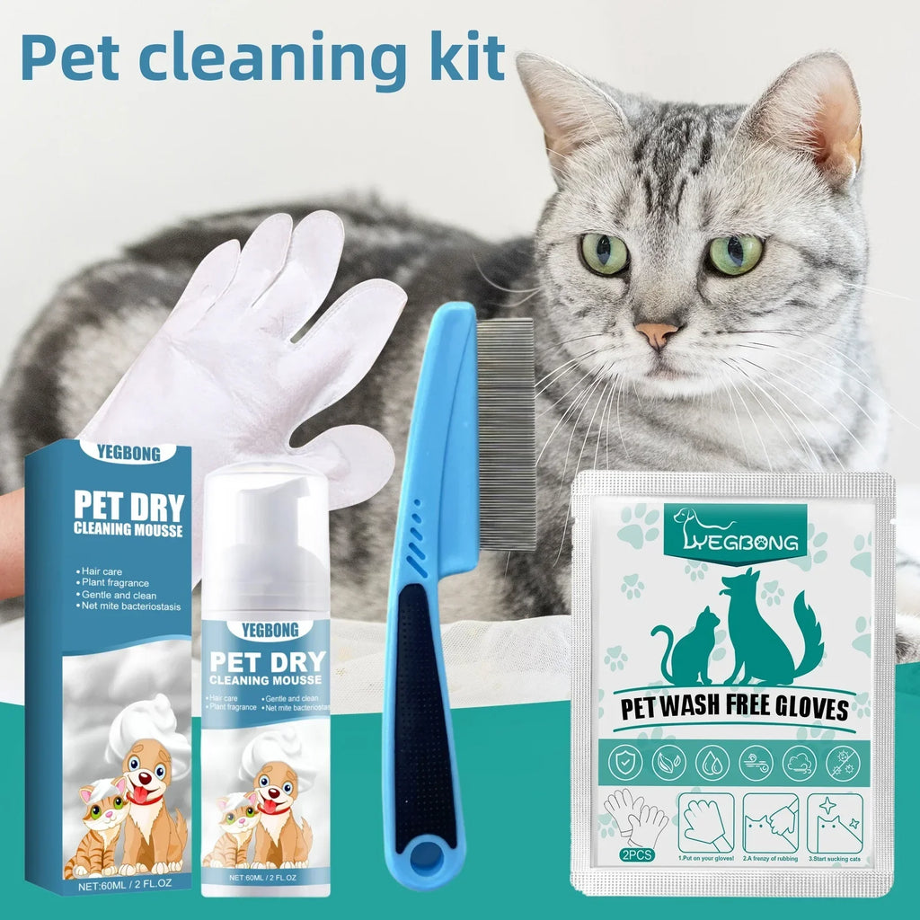Yegbong Pet Dry Shampoo No Rinse Waterless Wash for Cats Dogs Odor Removal Hair Care Deshedding Dense Comb Gloves Cleaning Kit