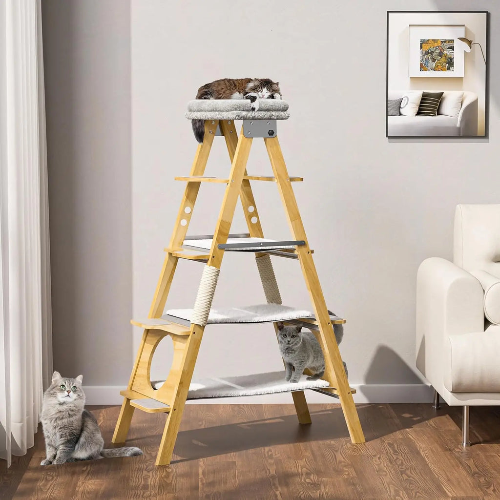 Modern Wood Cat Tree Foldable Ladder Design with Hammock & Sisal Scratch Post, Solid Wood Tall Tower for Large Cat, Customized