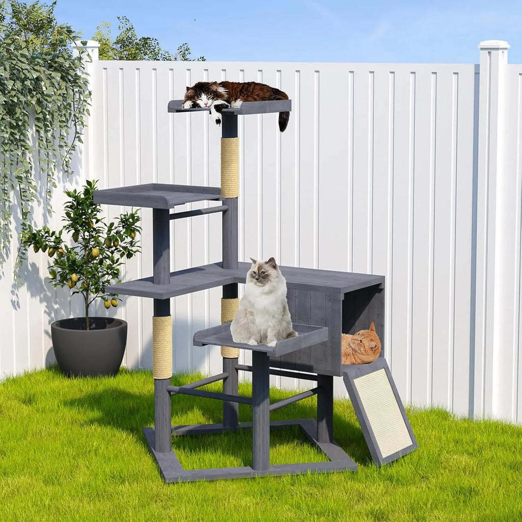 Outdoor Cat Tree, 67" Weatherproof Wood Cat Tree Tower for Large Cats with Condo and Scratching Posts, Perches