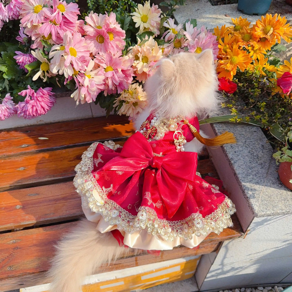 Luxury Handmade Embroidery New Year Cheongsam Dress for Small to Medium Dogs Chihuahua Cat Pet Clothes Printed Puppy Dog Clothes